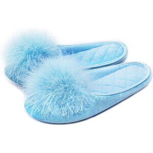 Women's Velvet Pom Pom Memory Foam Knit Non Slip Sole Slippers Blue Shoes